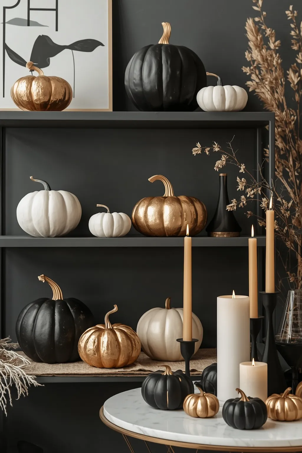 Stylish painted pumpkins in black white and gold