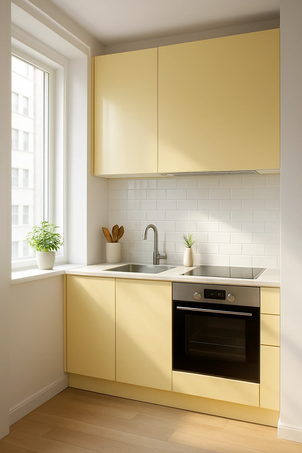 Small kitchen with pale yellow cabinets creating a bright and spacious appearance