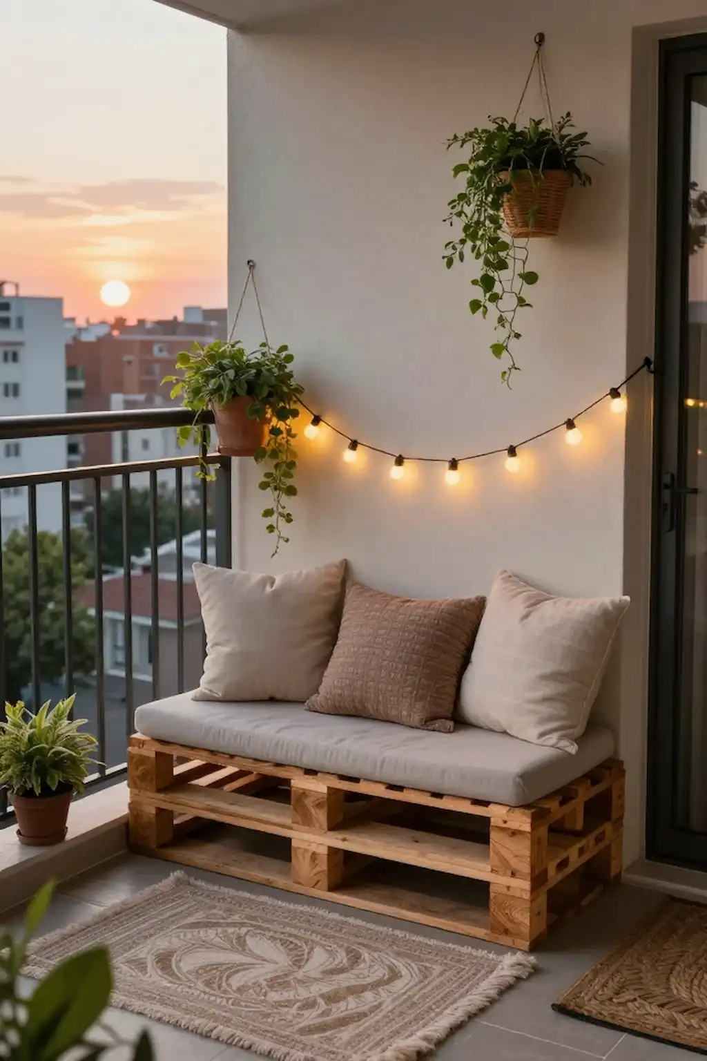 Small balcony pallet seating with cozy boho decor.