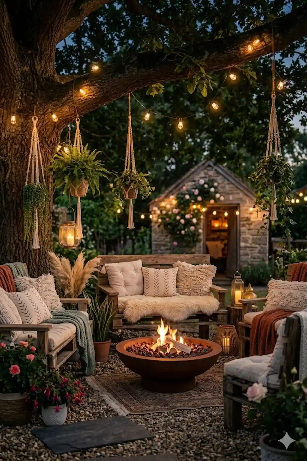 Pallet seating around outdoor fire pit with cozy lighting