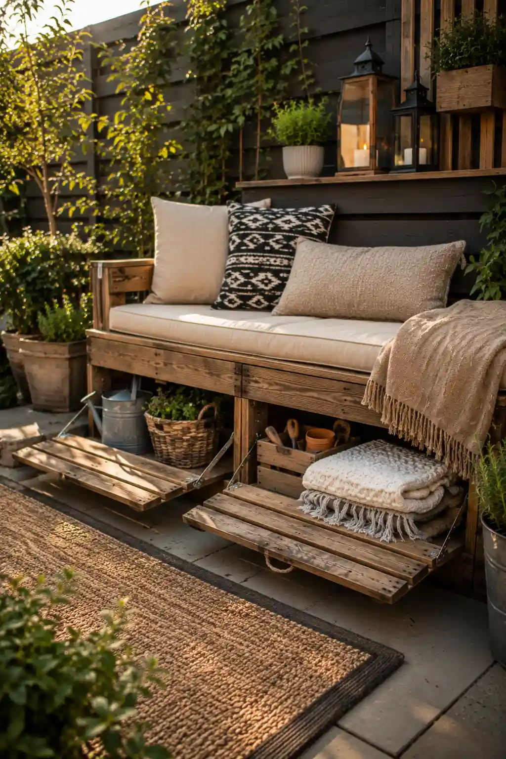 Pallet storage bench for outdoor garden organization