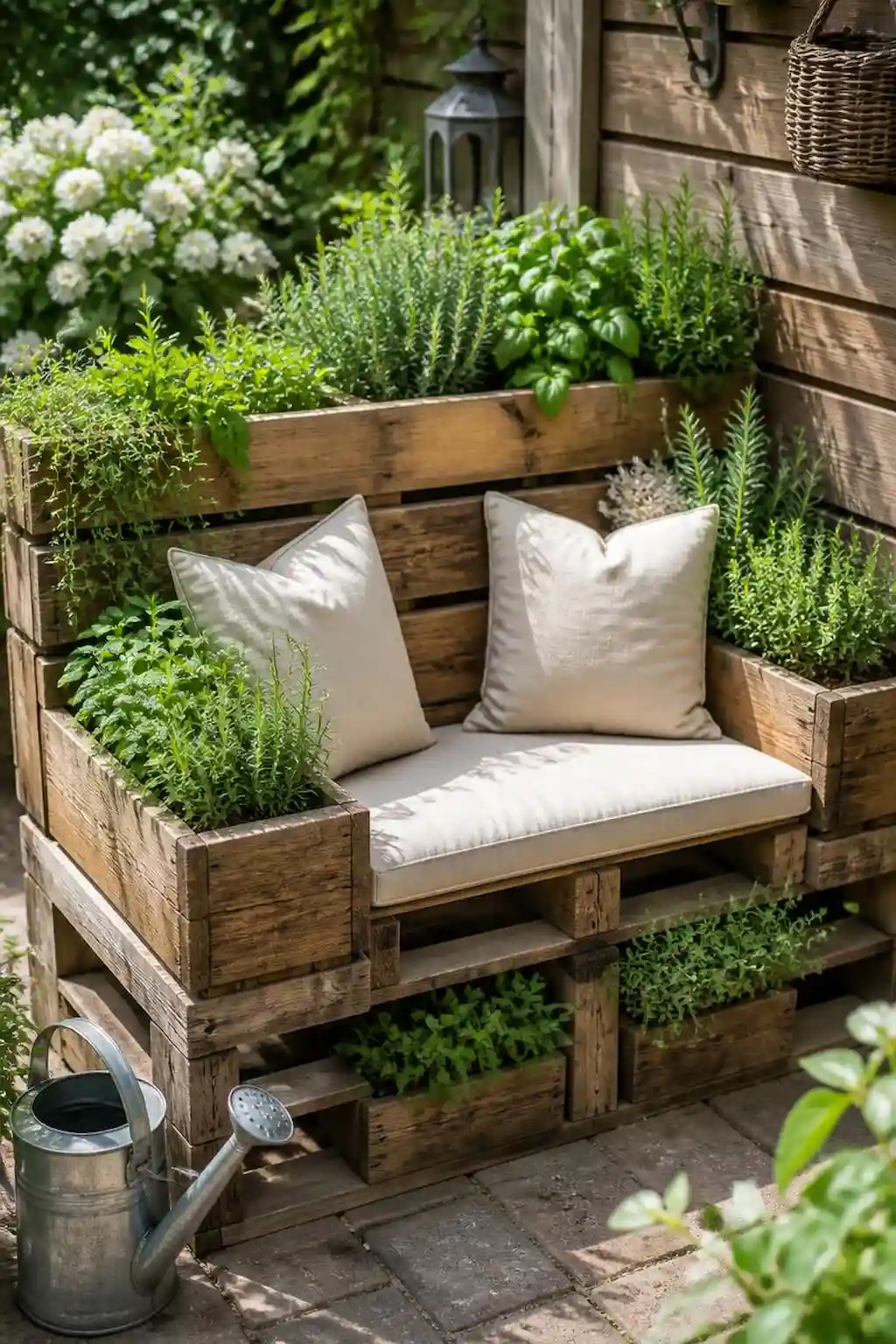 Pallet herb garden bench with fresh greenery and seating