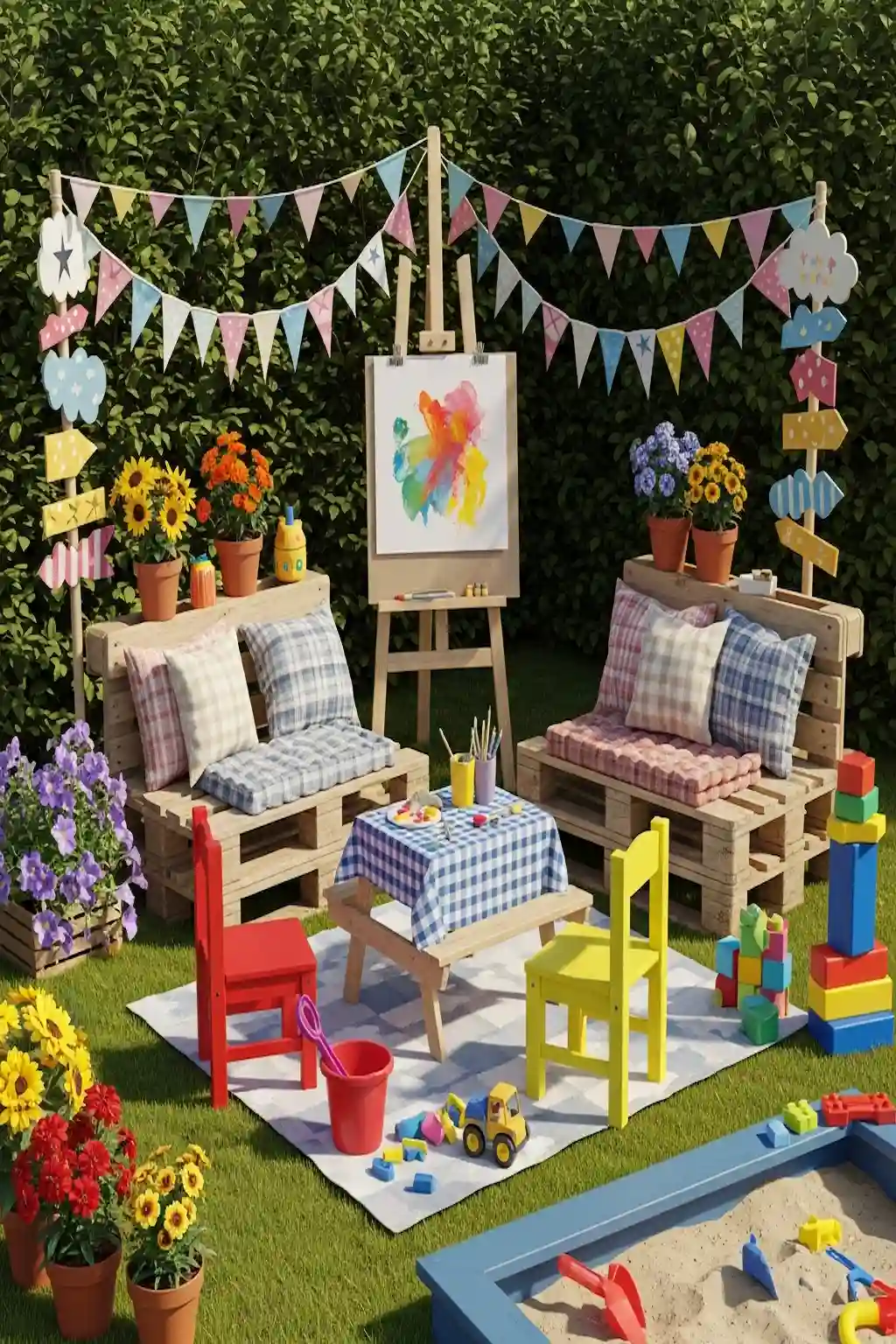 Colorful pallet garden furniture for kids outdoor play area.