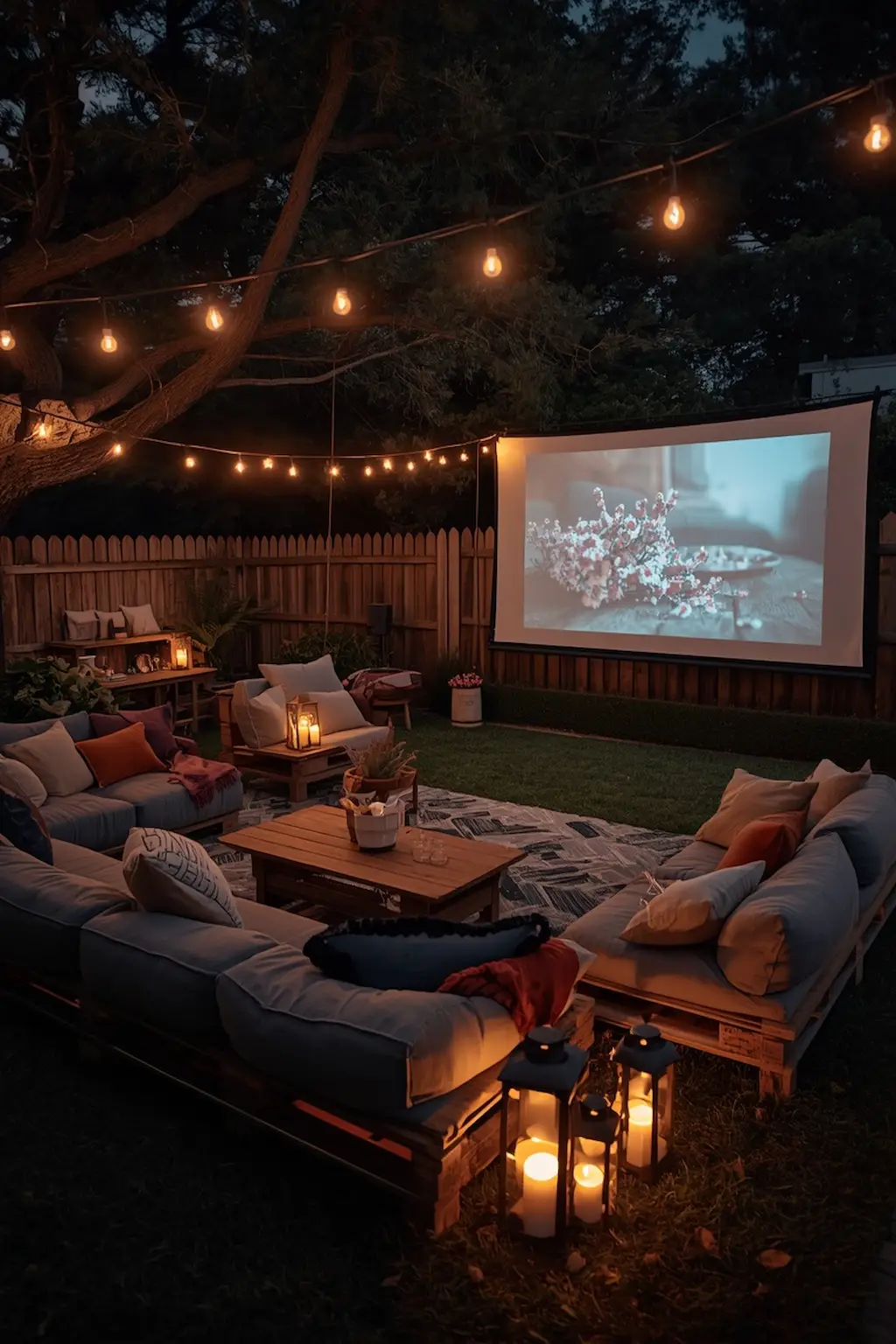 Outdoor pallet movie lounge with projector and cozy seating