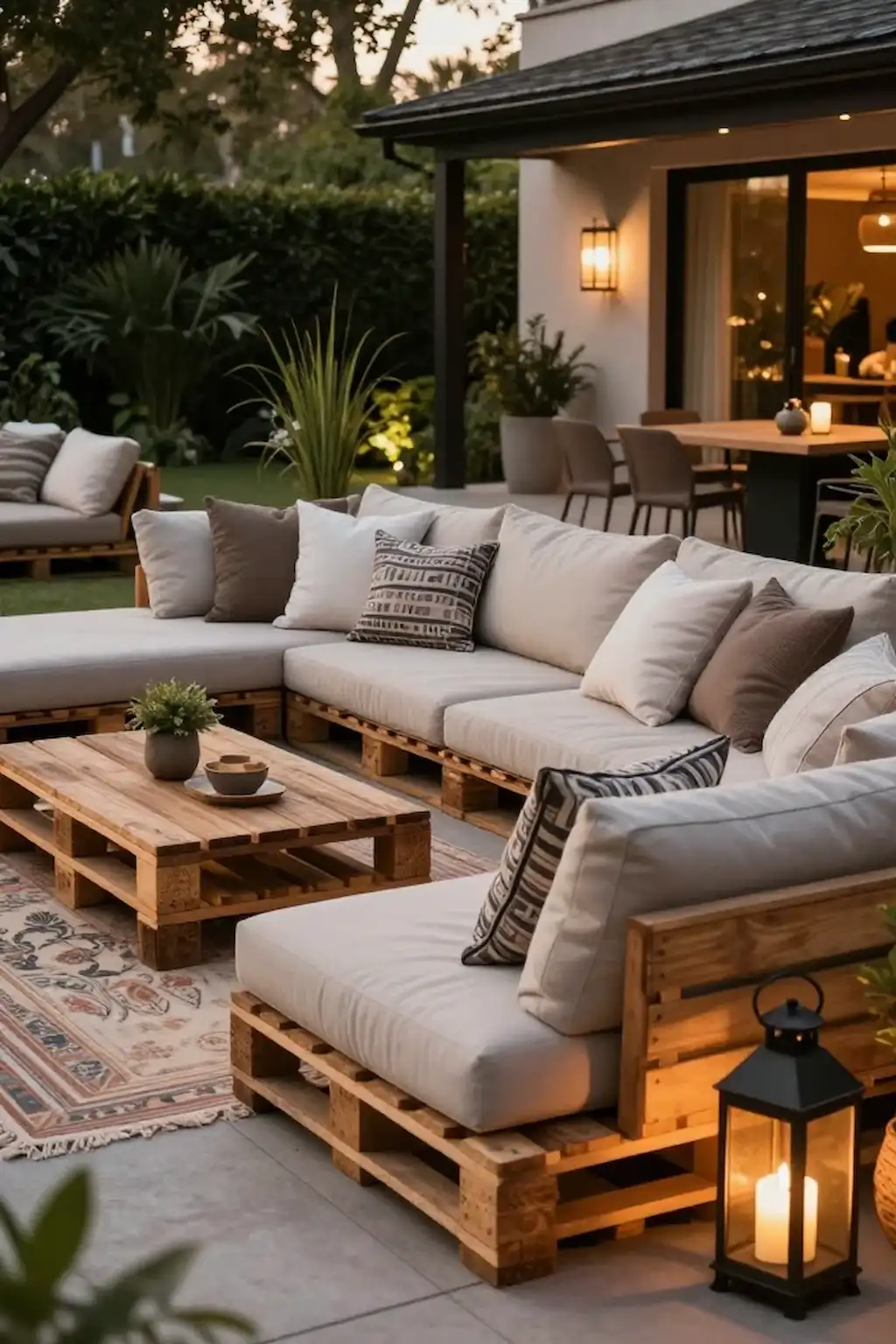 Large pallet outdoor sectional with neutral cushions and patio decor