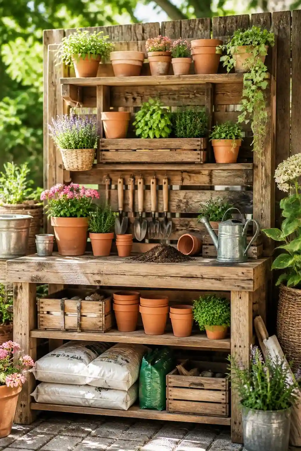 Pallet seating around outdoor fire pit with cozy lighting