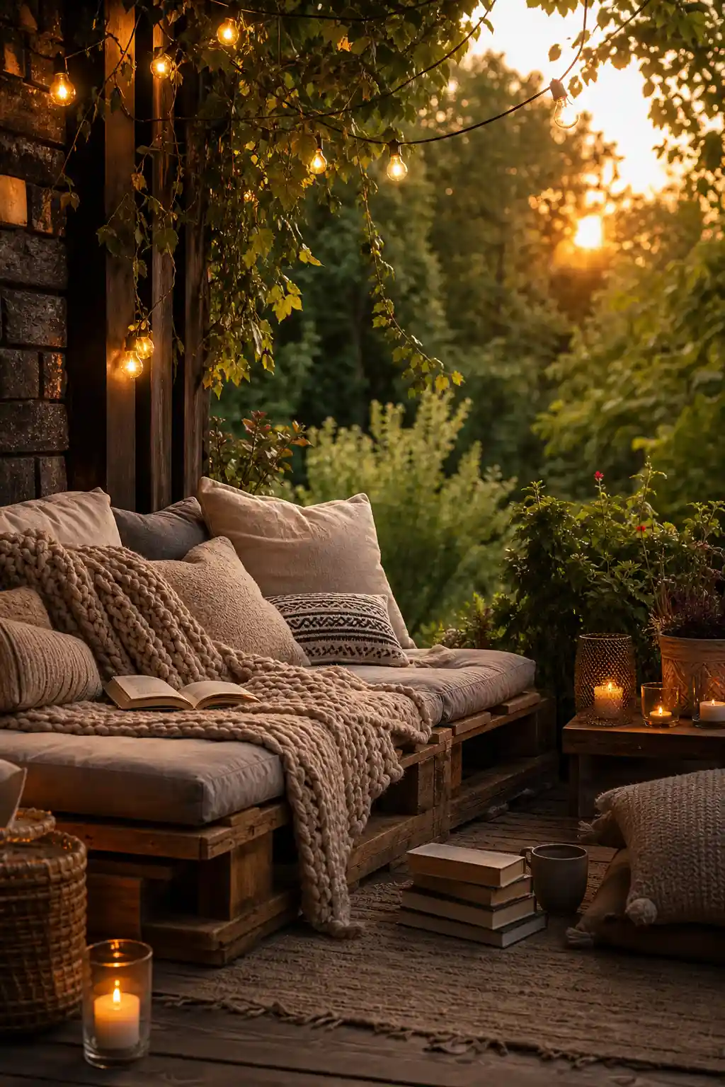 Cozy pallet reading nook with blankets and outdoor lights