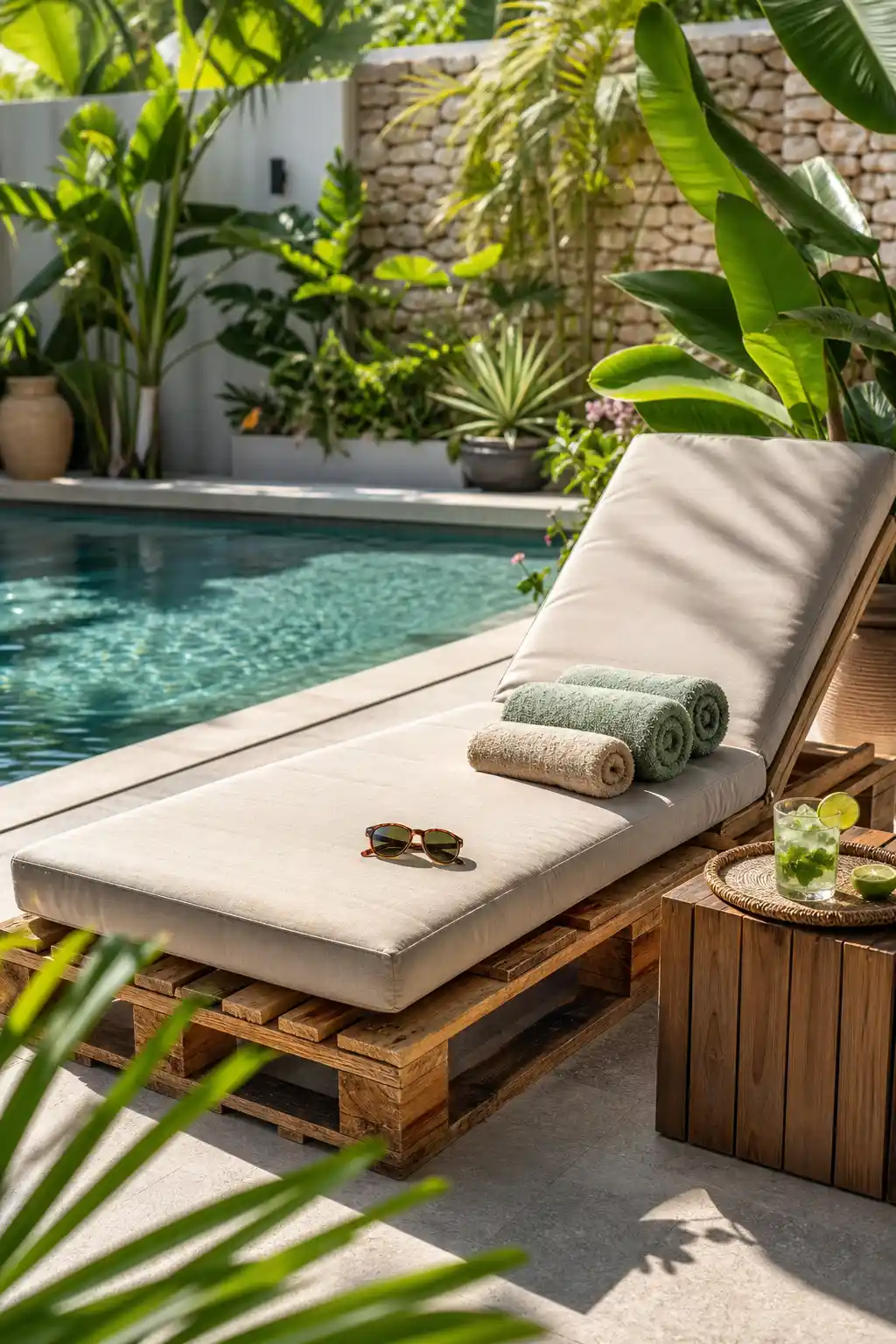 DIY pallet sun lounger beside modern backyard pool