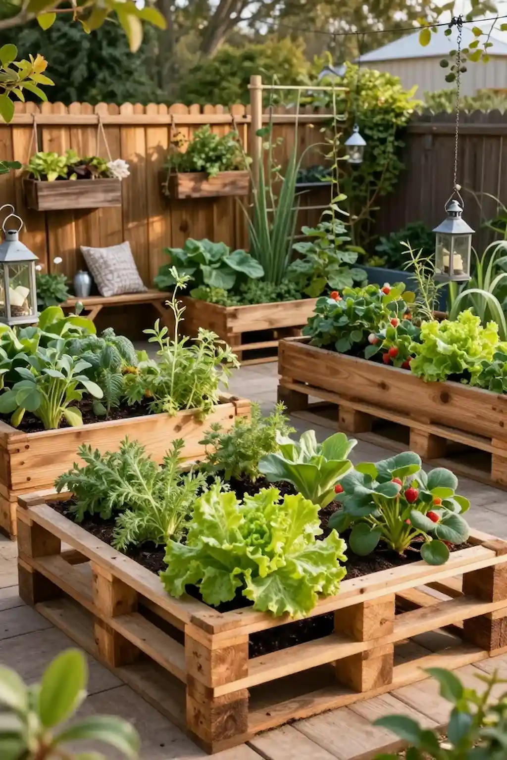DIY pallet vegetable garden with herbs and climbing plants