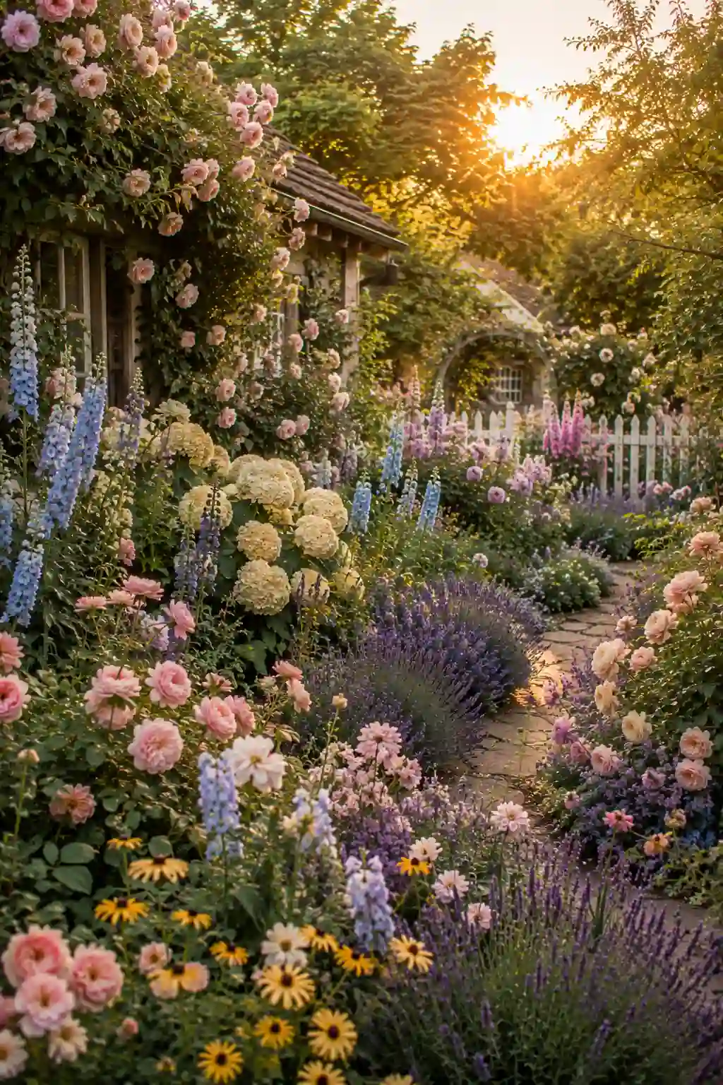 Pastel-colored cottage garden filled with soft romantic flowers and layered greenery.