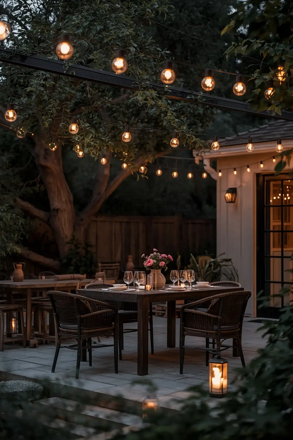 Outdoor patio decorated with string lights creating a warm and inviting atmosphere