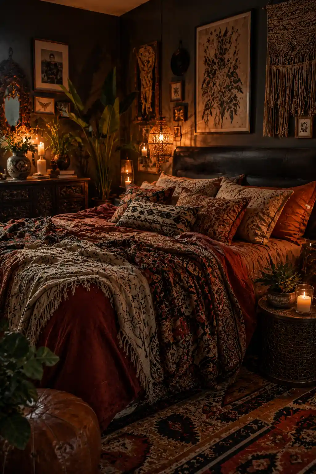 Boho bedroom with mixed patterns and earthy tones