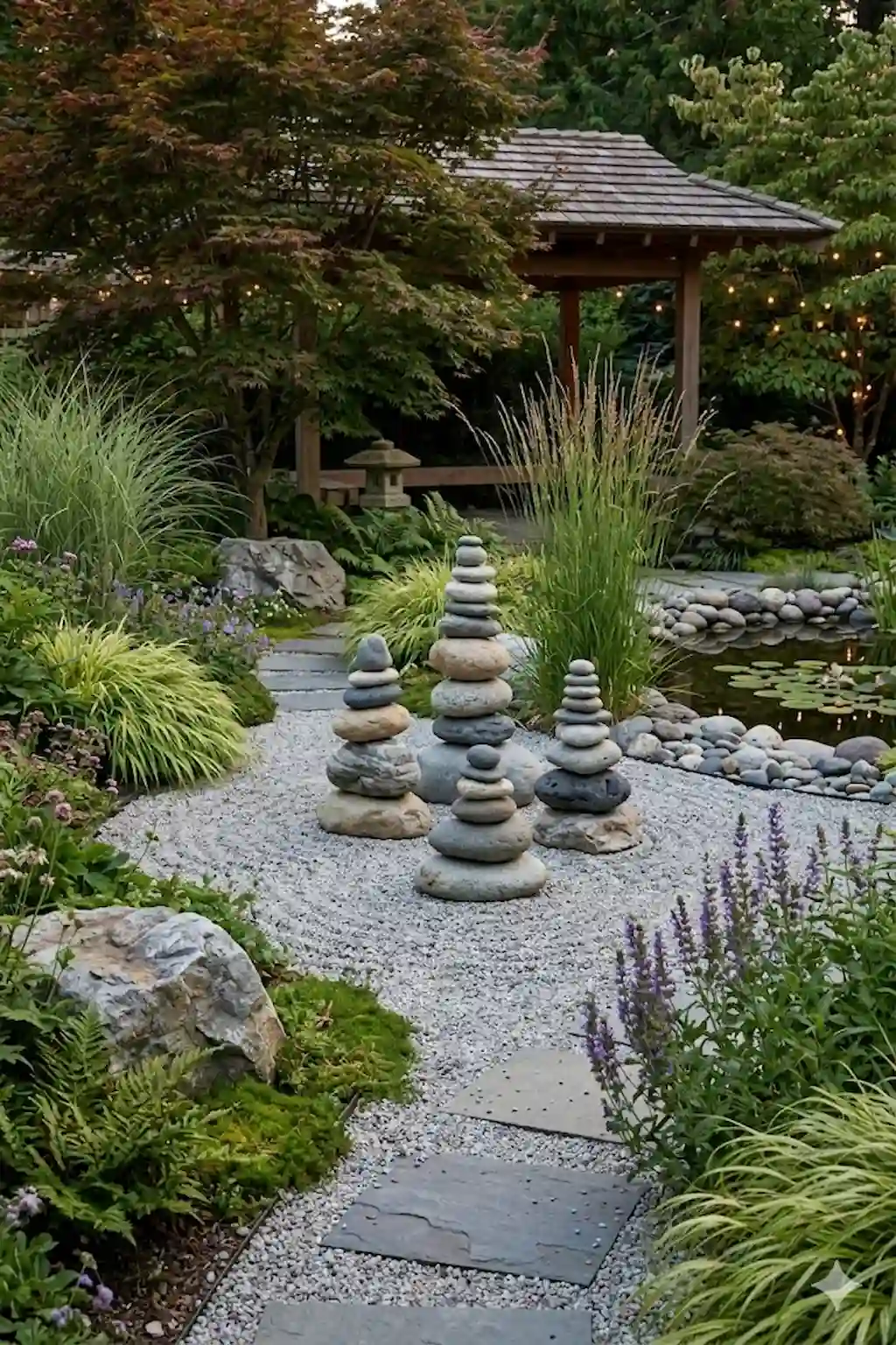 Balanced stacked river rock sculptures in a Zen-inspired garden
