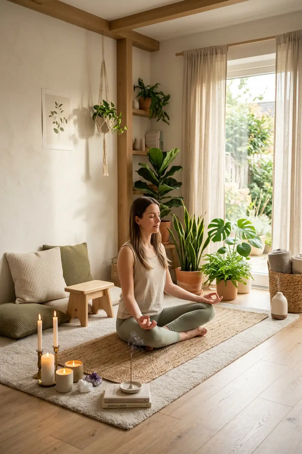 Peaceful yoga and meditation space with soft lighting and calming decor