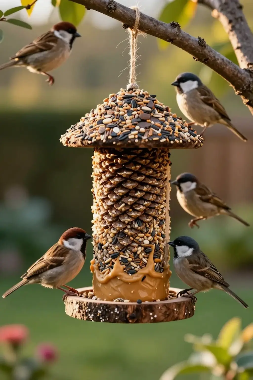 Simple pine cone feeder coated with peanut butter and birdseed