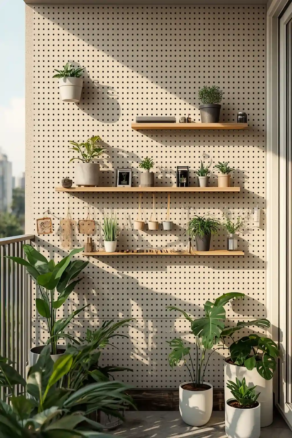 Modern pegboard wall garden with hanging plants and shelves