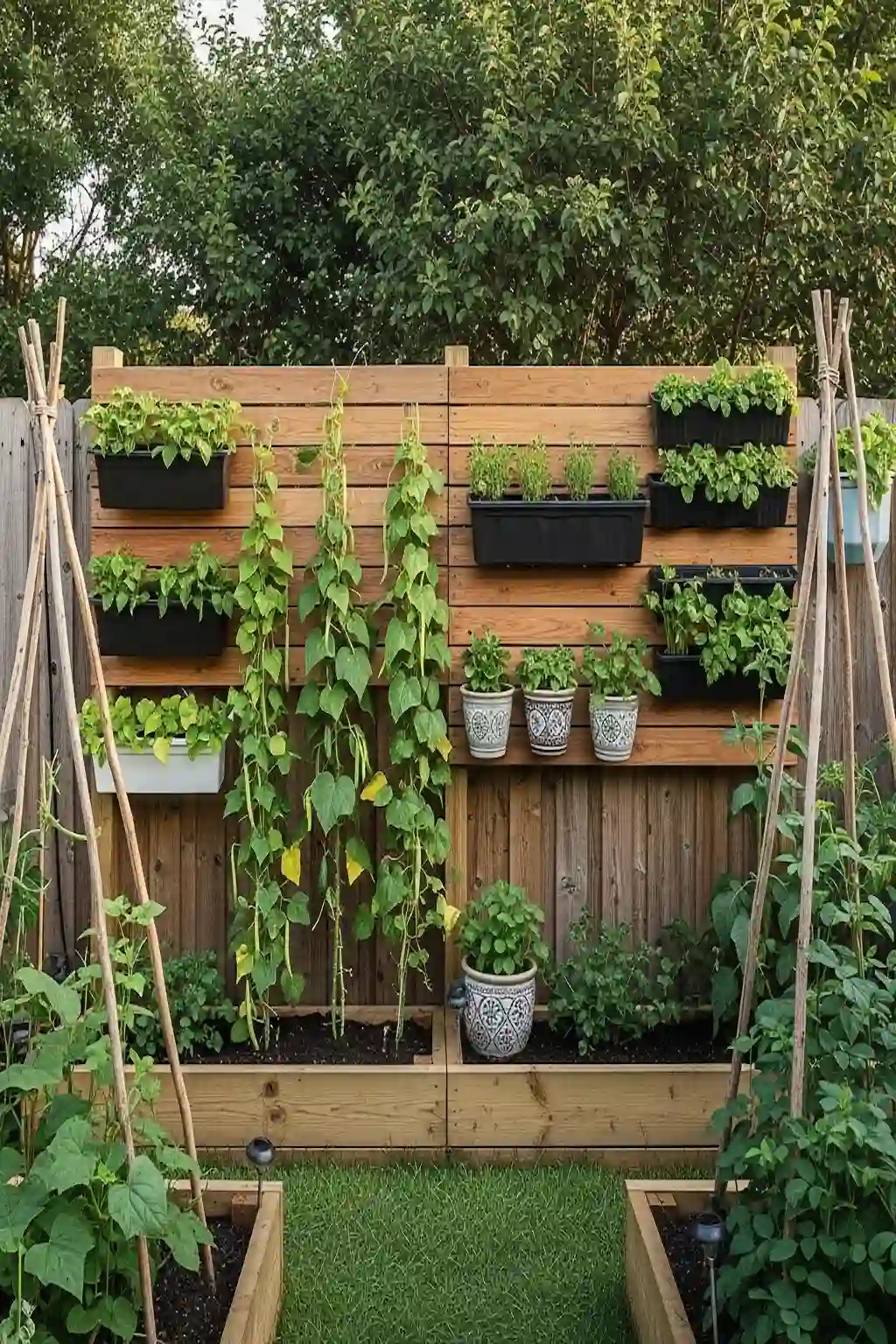 Vegetable garden with pergola and climbing vines