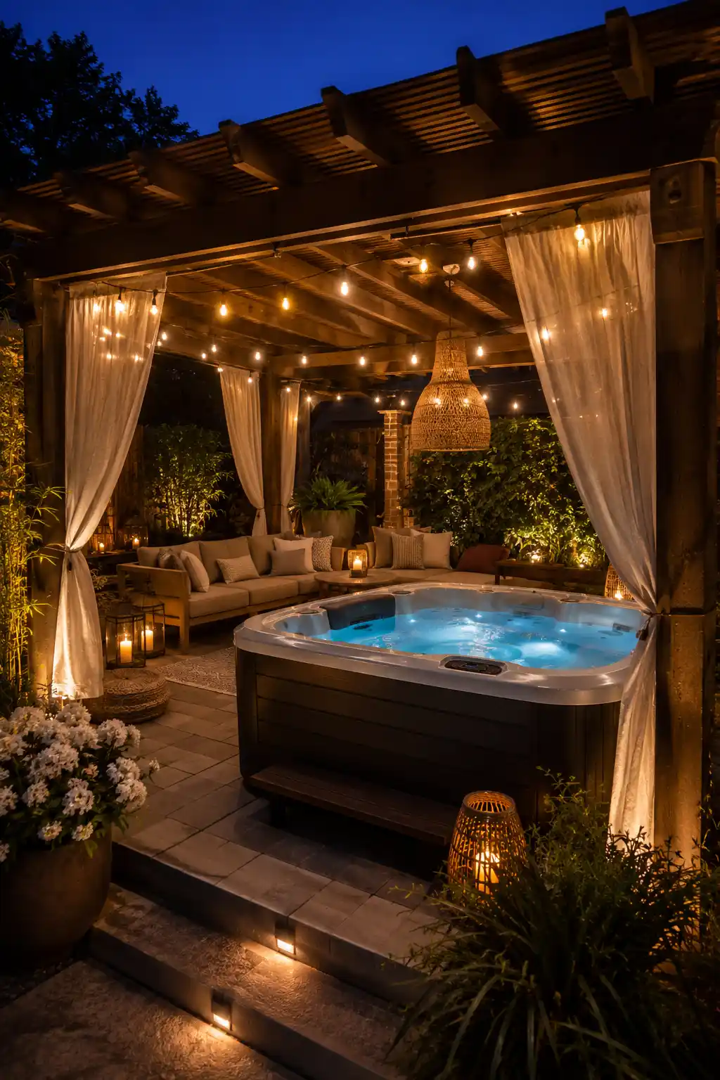 Backyard hot tub under a wooden pergola with warm lights