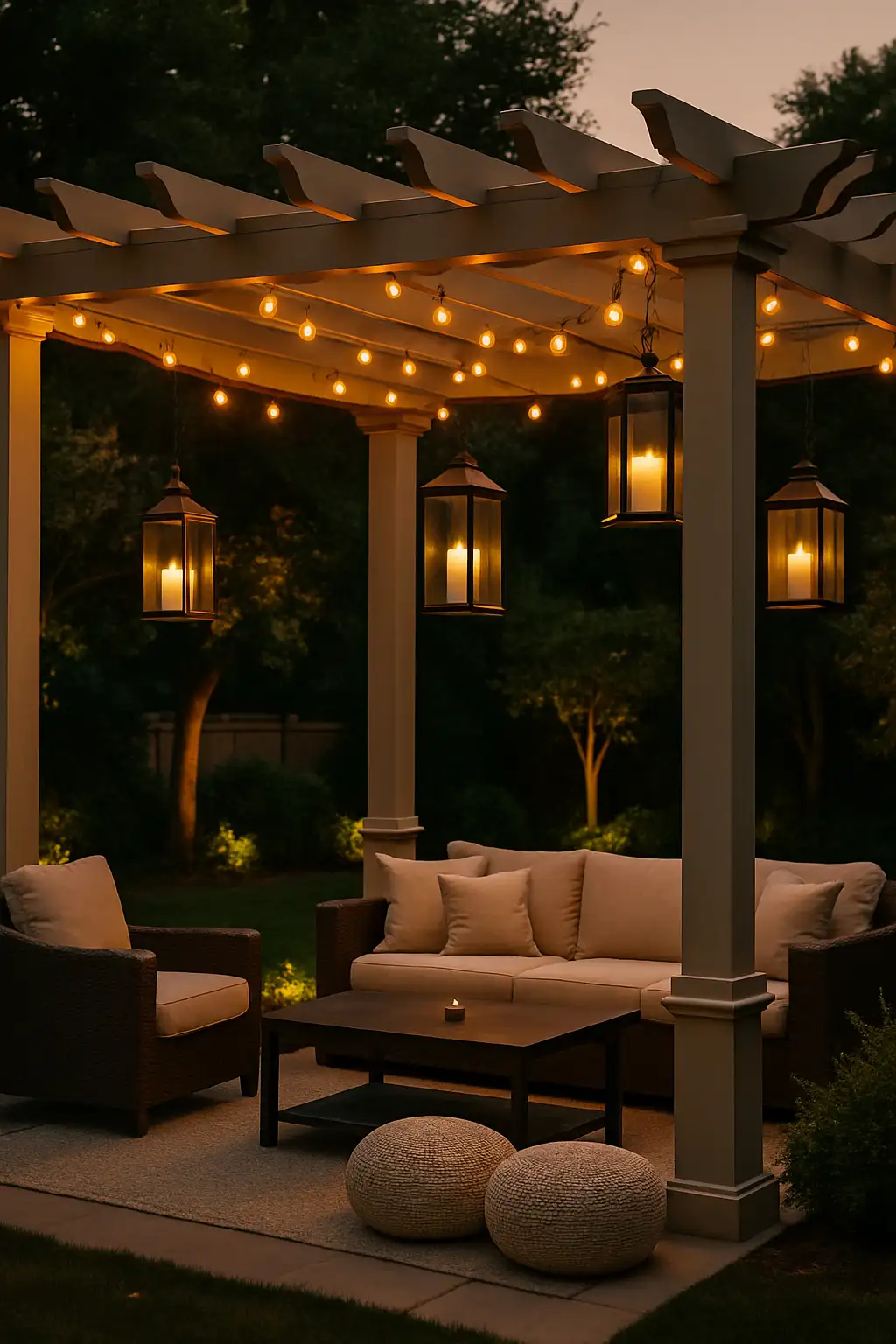 Wooden pergola illuminated with string lights and lanterns creating a cozy retreat