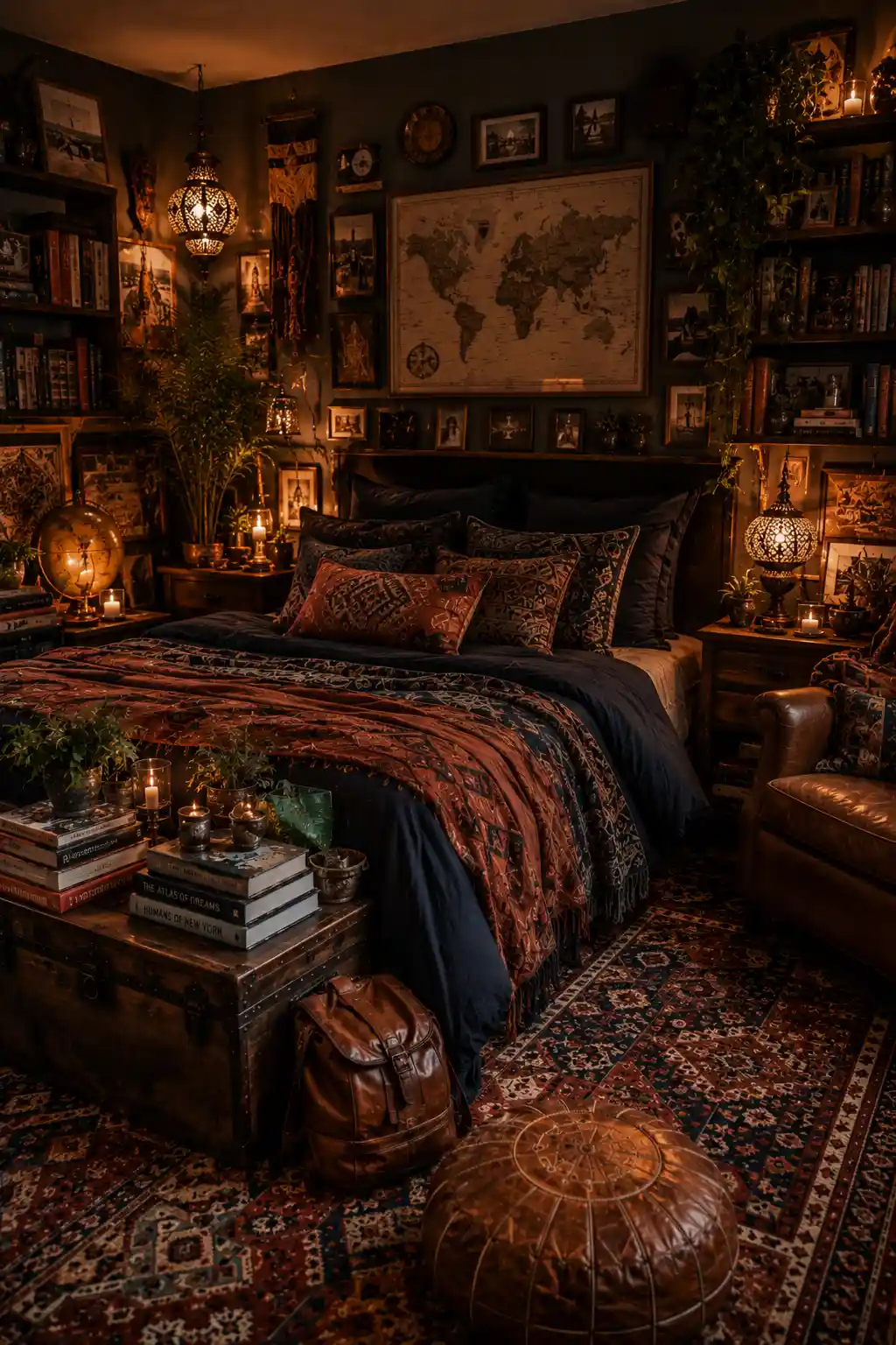 Boho bedroom with personal decor and artistic styling