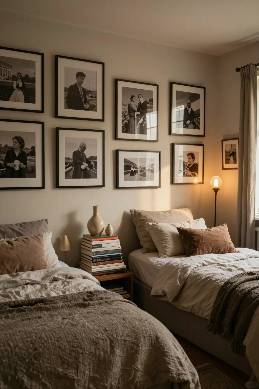 Cozy bedroom with personal decor, books, framed photos, and warm lighting