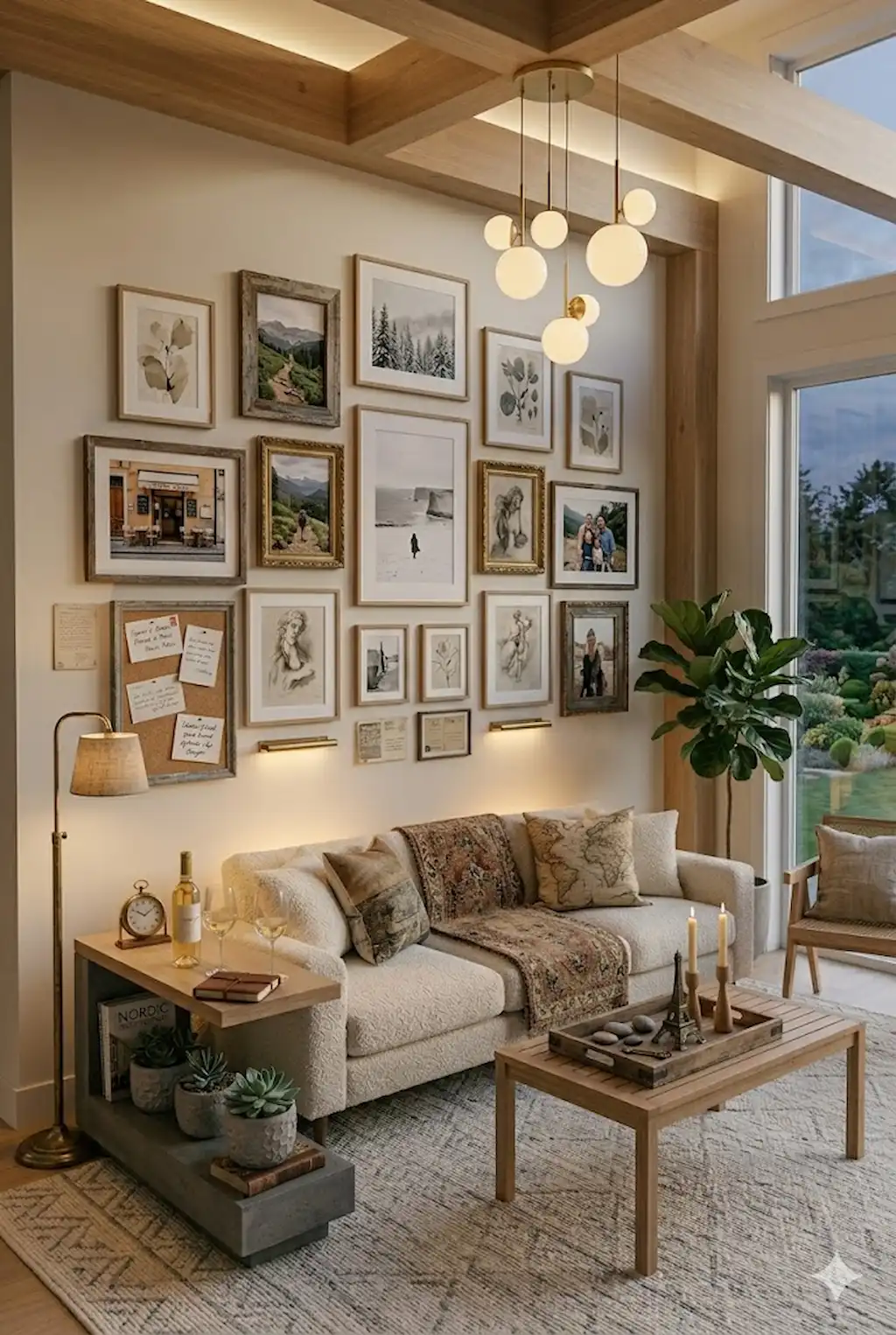 Personal gallery wall with travel photos, artwork, and cozy decor accents