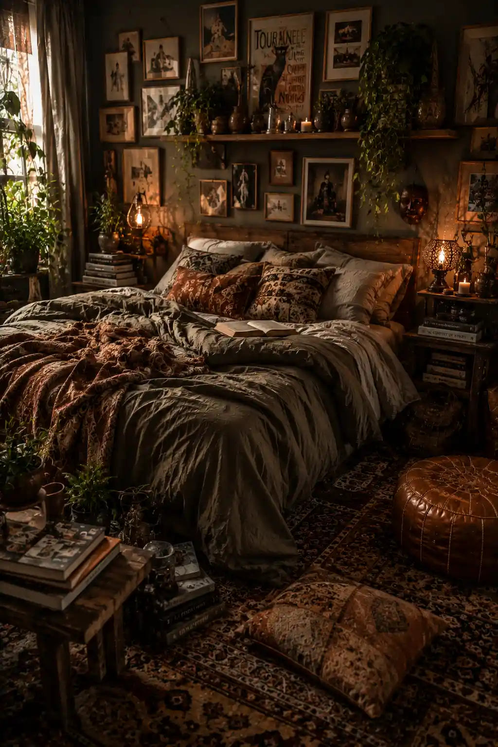 Relaxed moody boho bedroom with personal and cozy styling