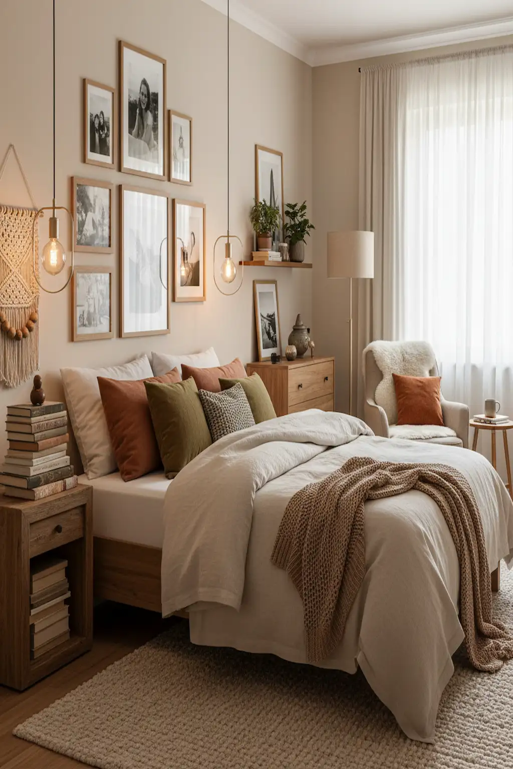 Cozy bedroom with personal decor details, books, and warm lighting.