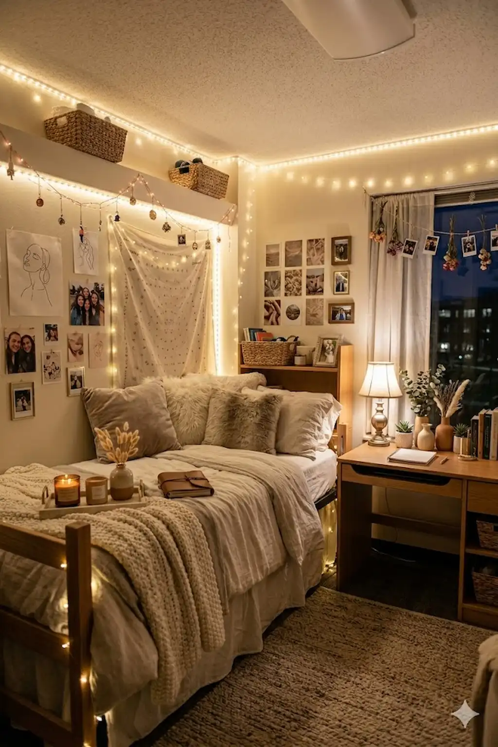 Personalized dorm room with cozy decor details and warm lighting
