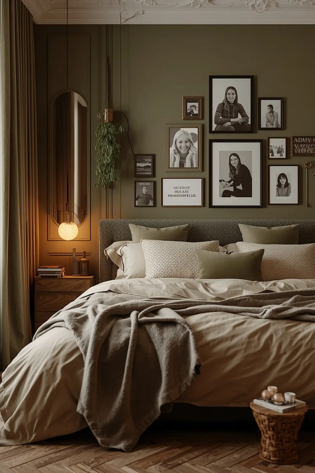 Personalized olive green bedroom with cozy modern styling