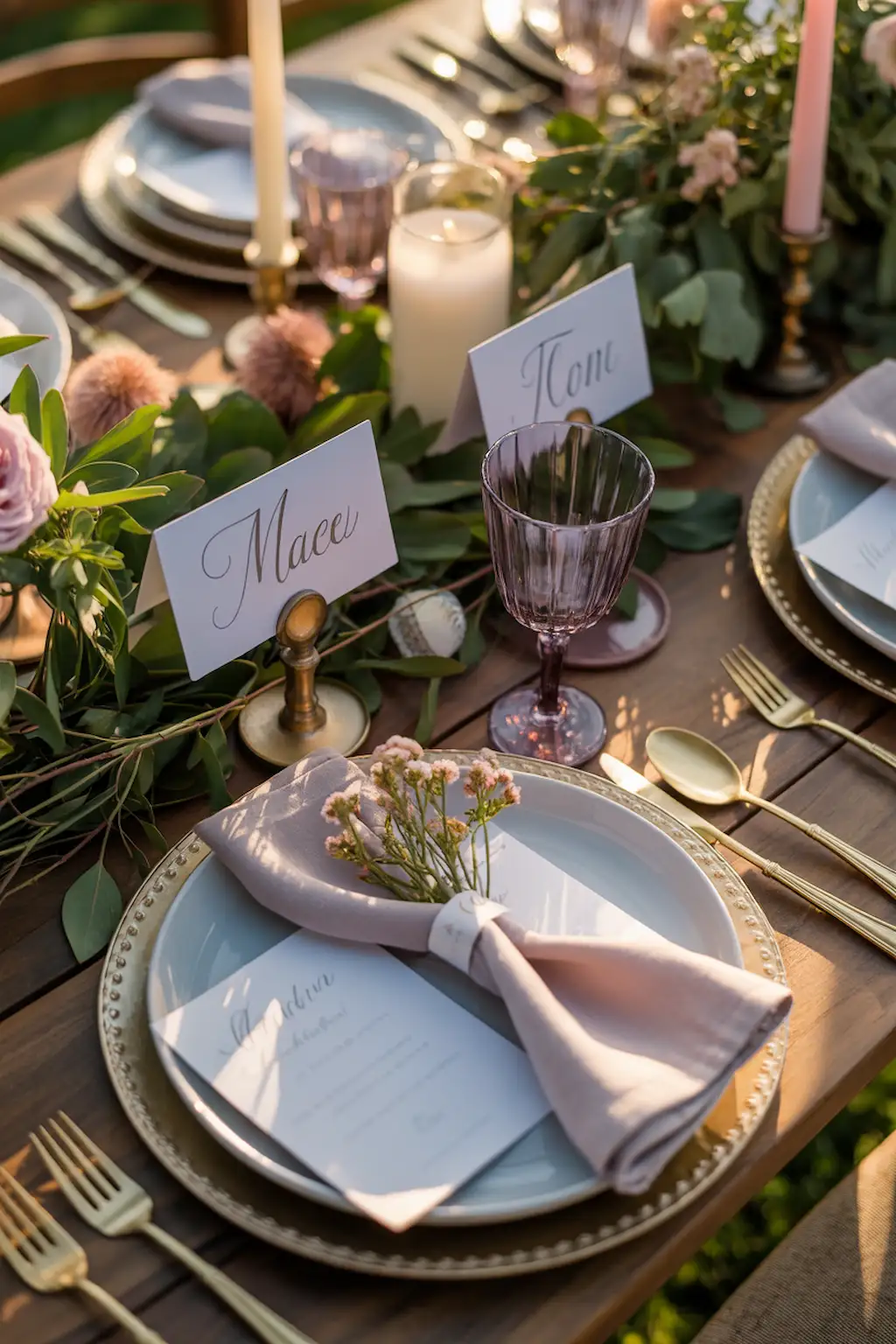 Elegant garden party table with handwritten place cards and flowers