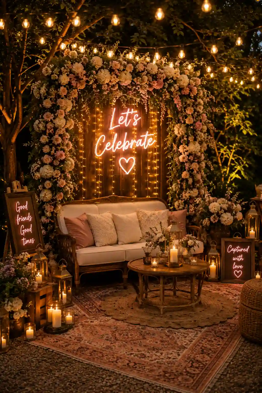 Stylish floral photo booth corner at an outdoor garden party