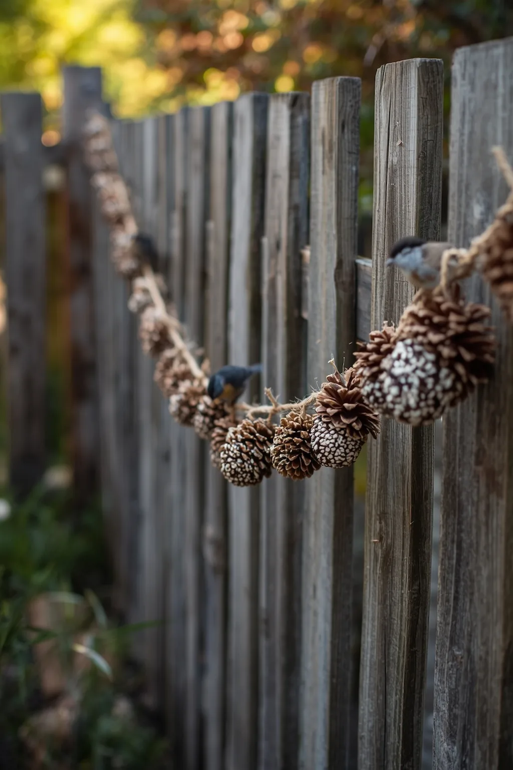 Multiple pine cone feeders strung together as a garden garland
