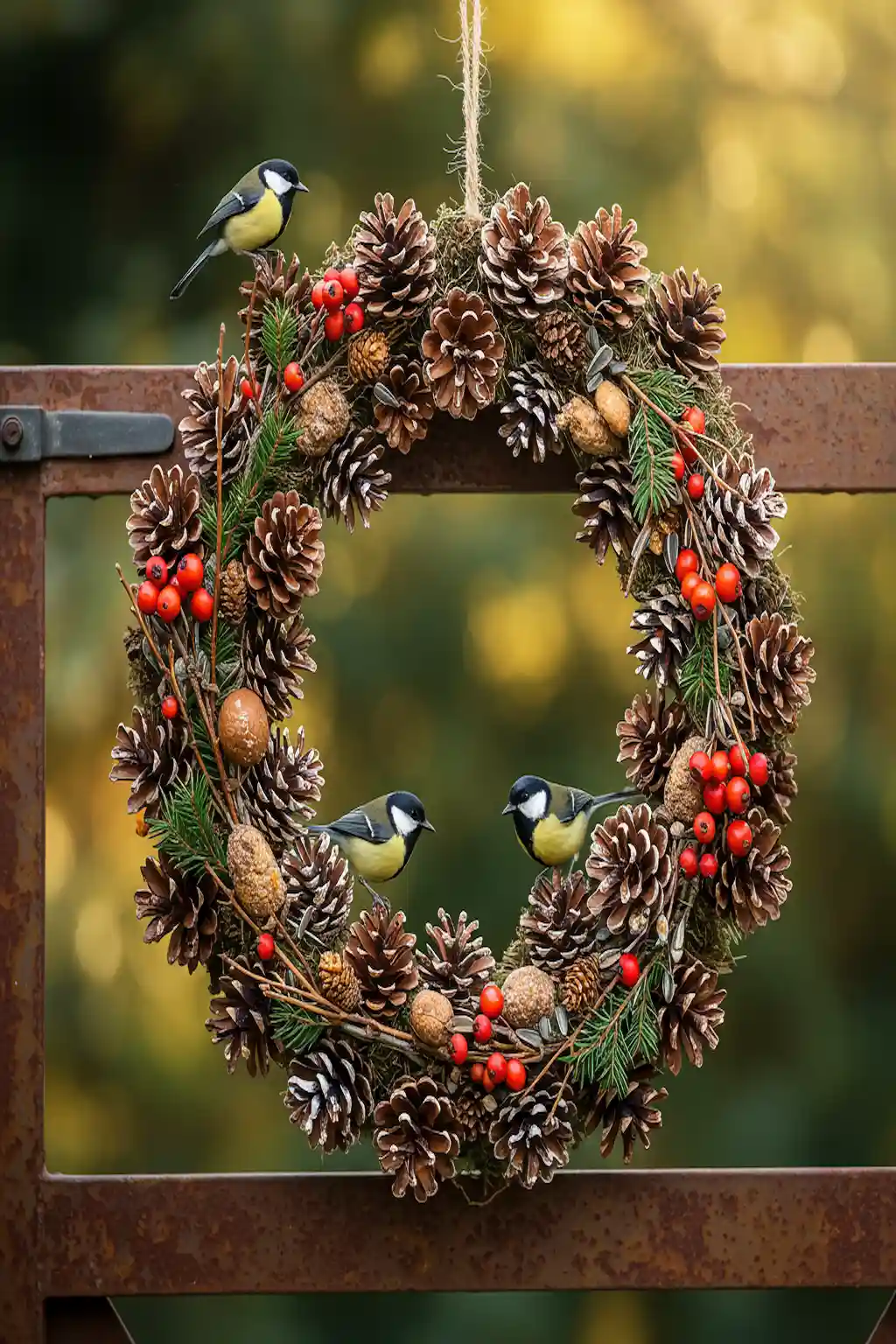 Decorative wreath made of pine cone bird feeders hanging outdoors