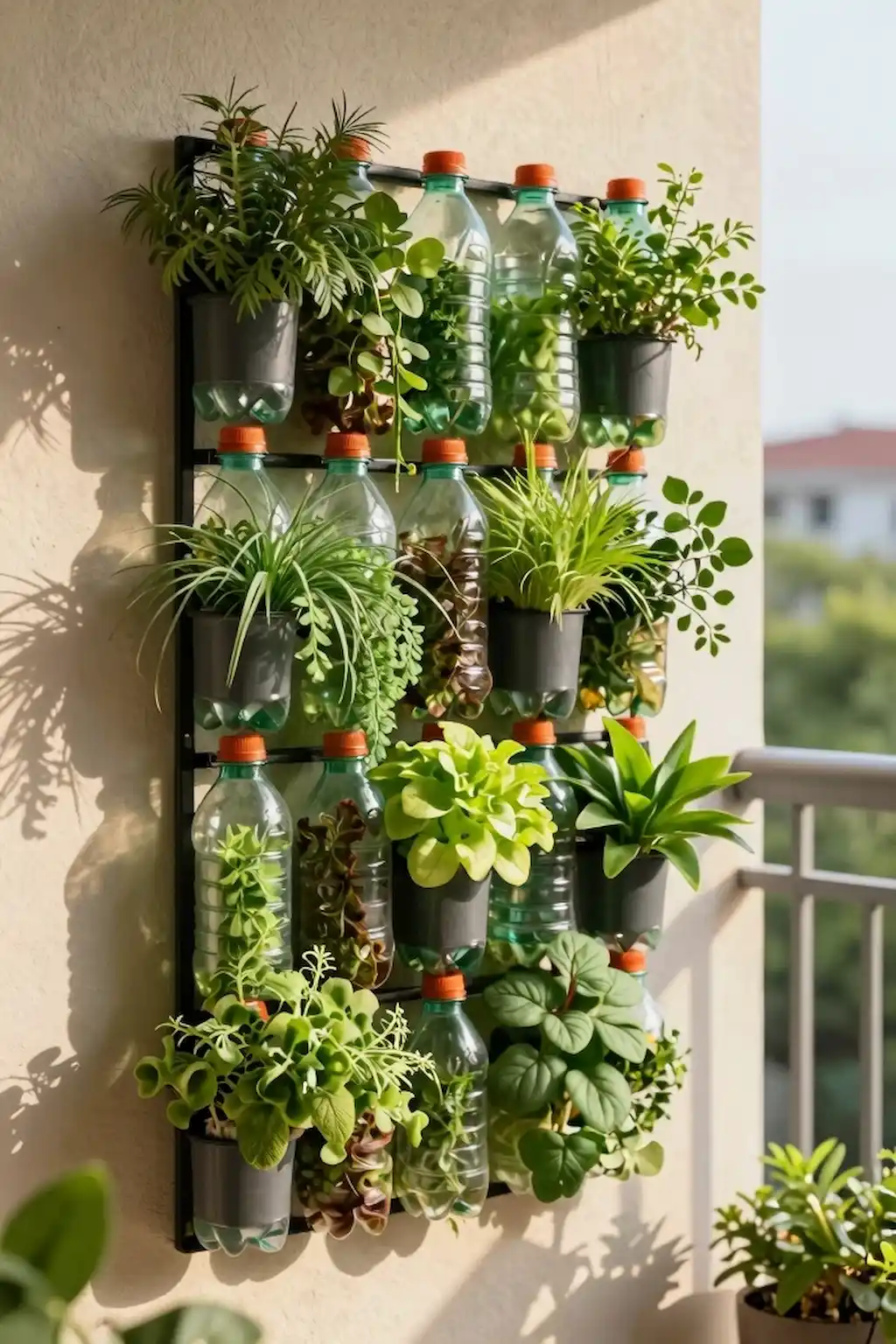 DIY hanging plastic bottle garden with herbs and greenery