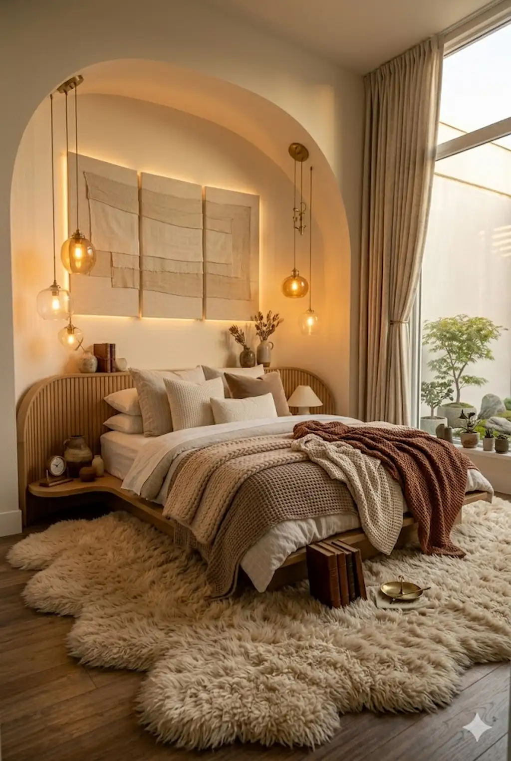 Cozy aesthetic bedroom with fluffy rug and warm layered bedding