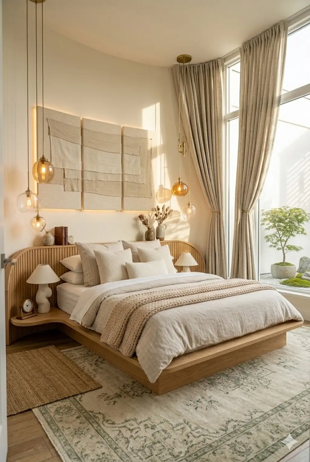 Cozy bedroom with floor-to-ceiling curtains and warm natural lighting