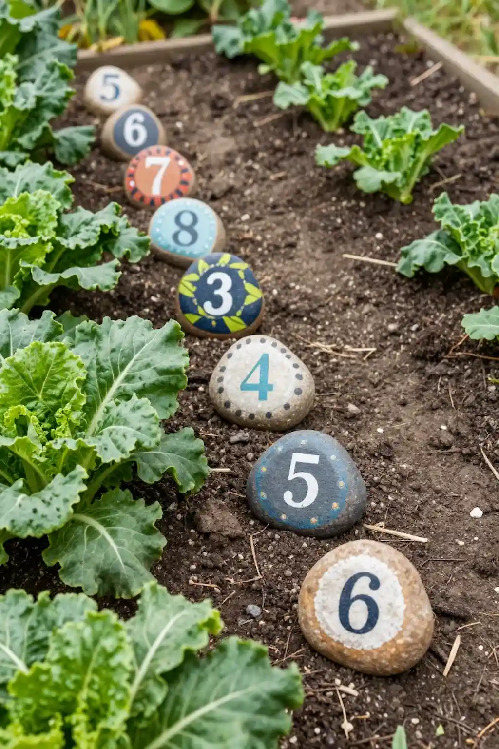 Decorative numbered rocks used as garden row markers and outdoor numbering displays