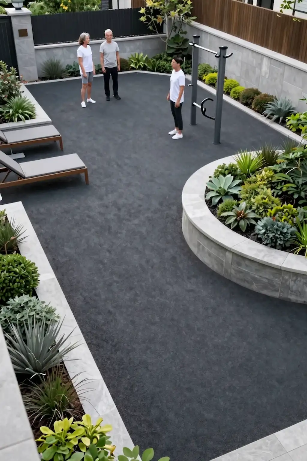 Outdoor play and fitness area with durable rubber flooring and modern landscaping