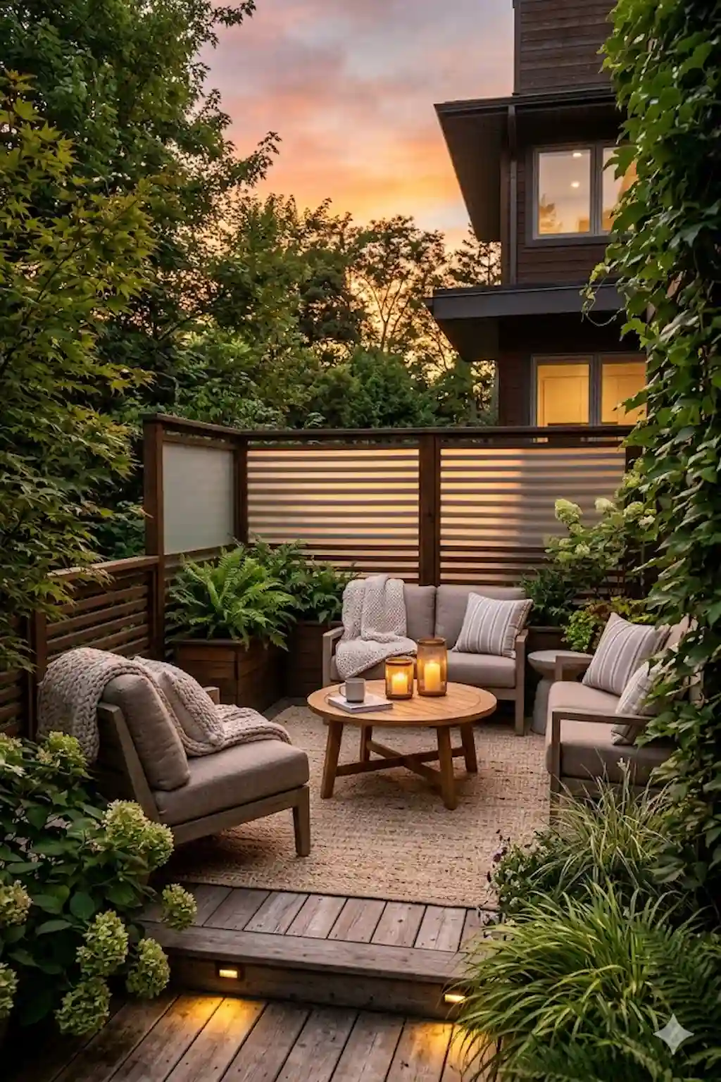 Cozy outdoor deck with modern privacy panel railings