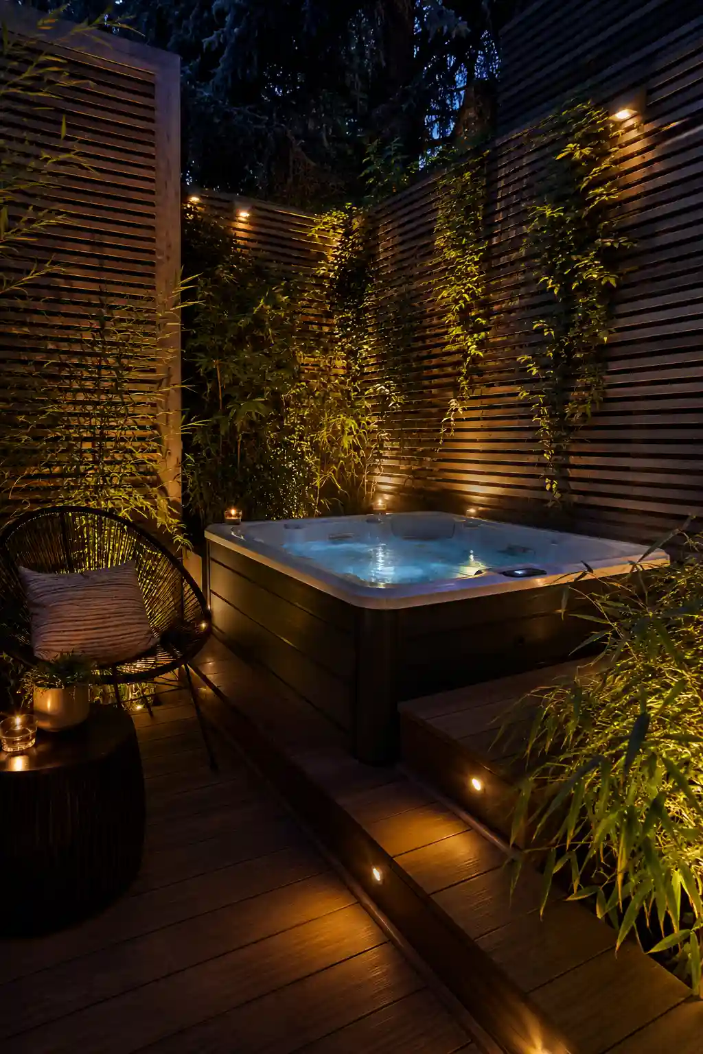 Modern backyard hot tub with wooden privacy screens and greenery