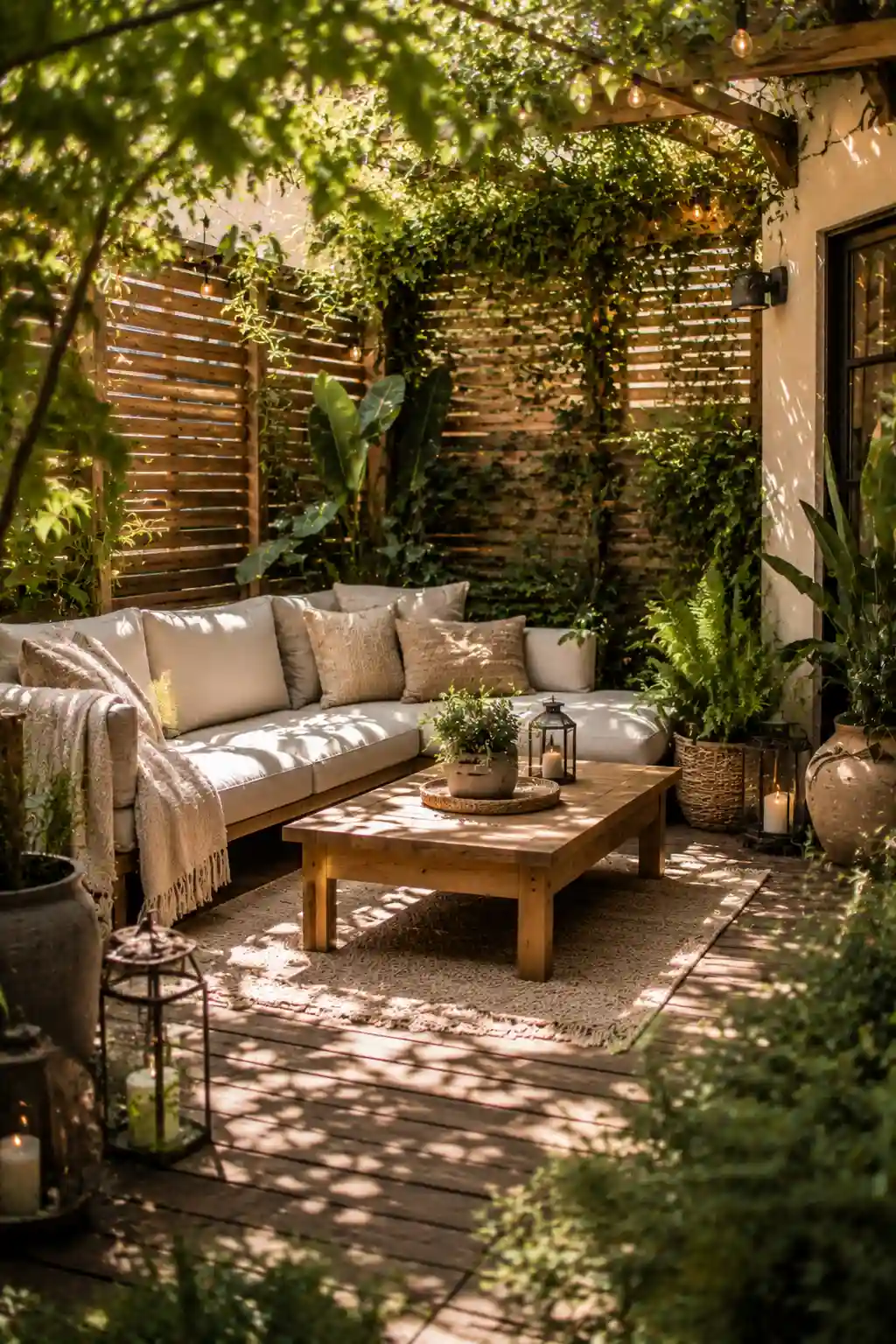 Cozy private patio with greenery and wooden privacy screens