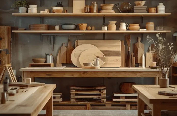 Modern woodworking workshop with handmade wooden projects and rustic tools