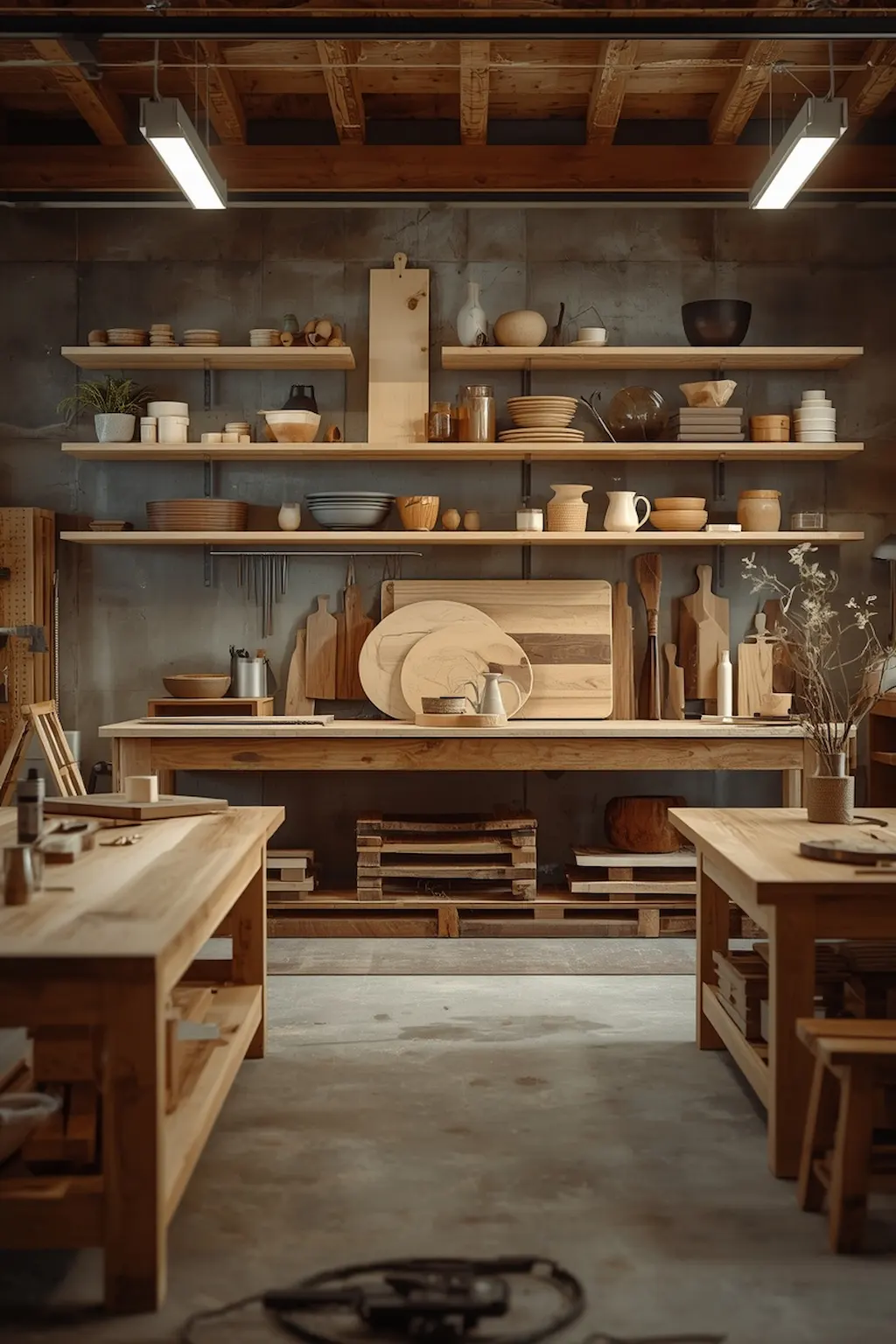 Modern woodworking workshop with handmade wooden projects and rustic tools