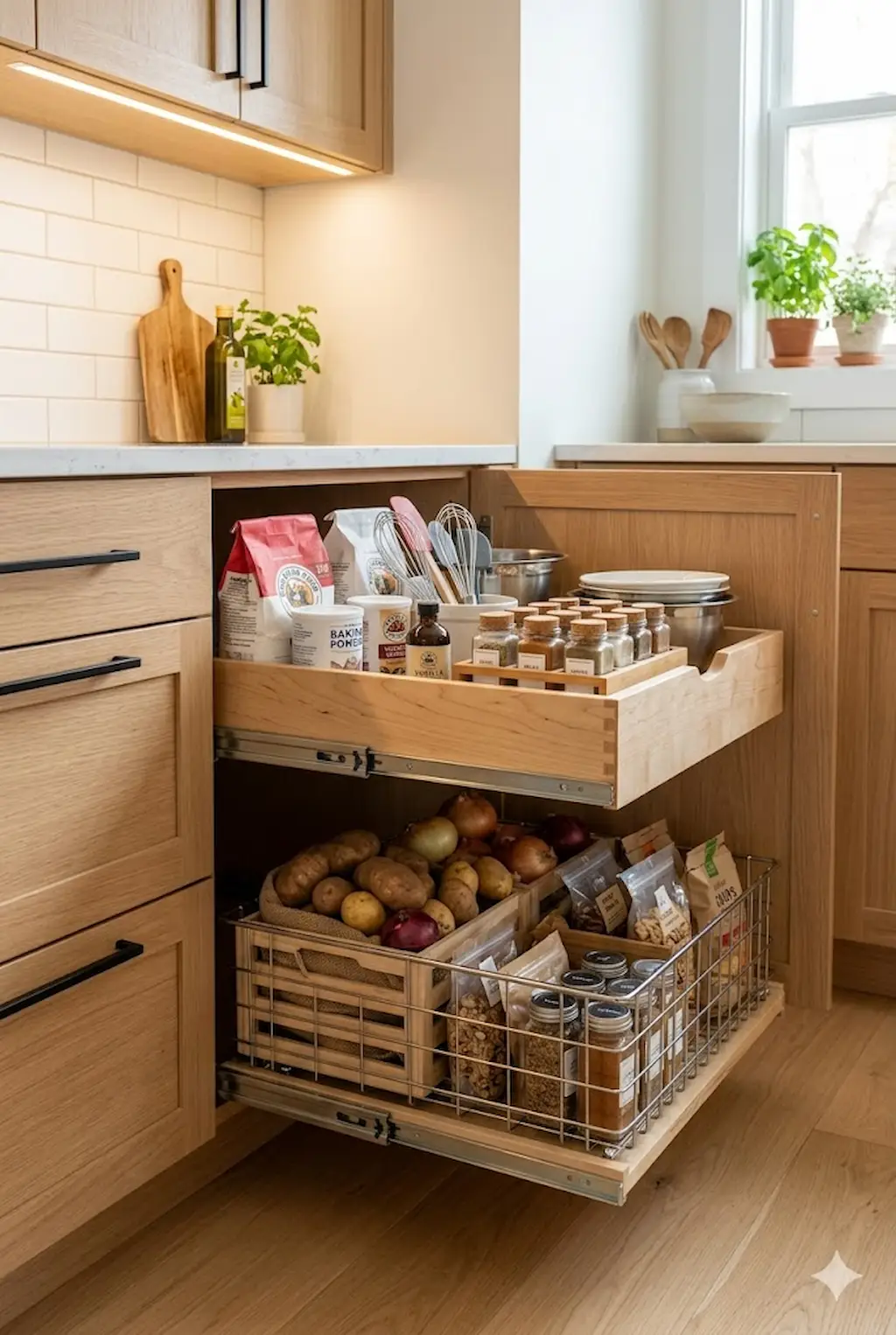 Small kitchen cabinet with pull-out baskets for organized storage