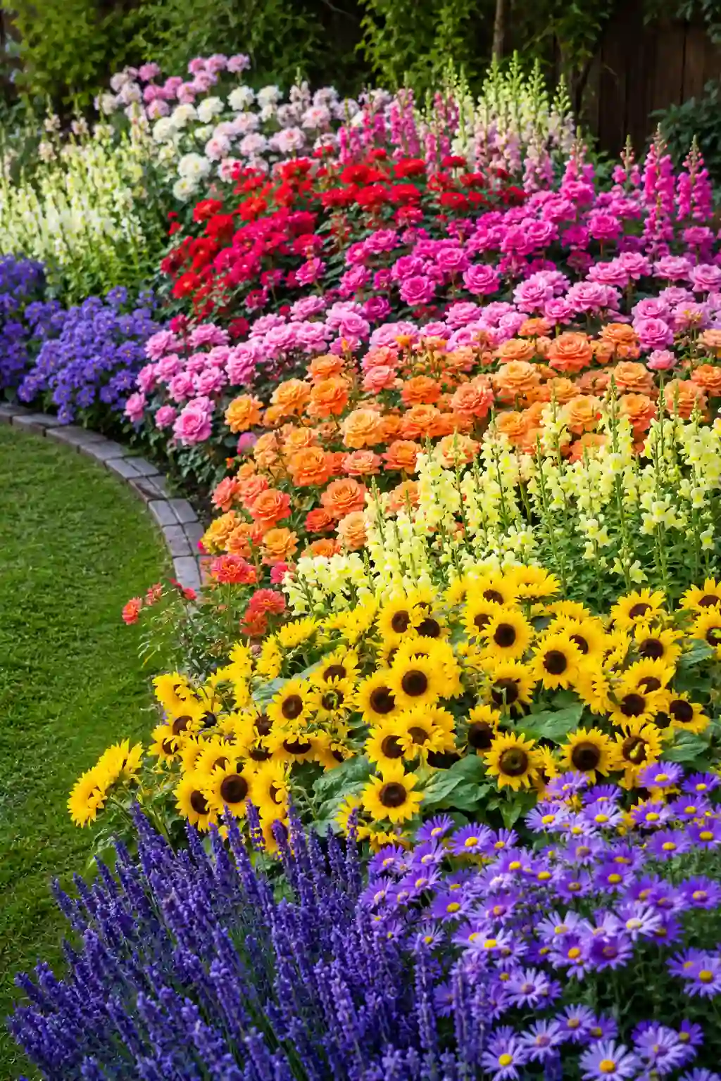 Rainbow flower garden with colorful blooms
