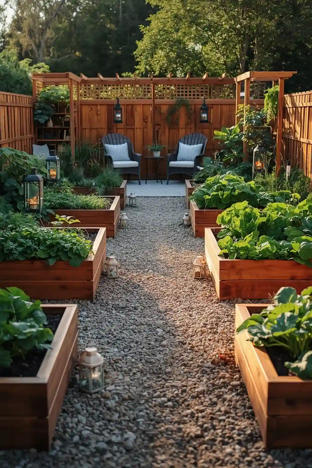 Raised bed vegetable garden with organized wooden planters