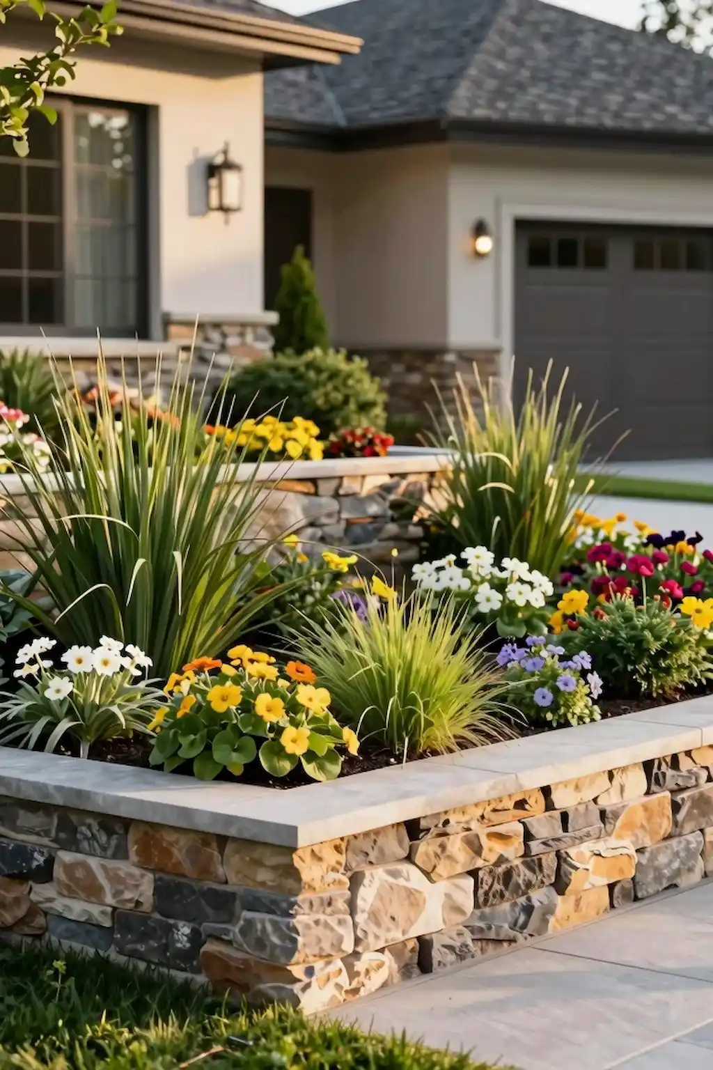 Raised flower bed with colorful flowers and elegant stone landscaping