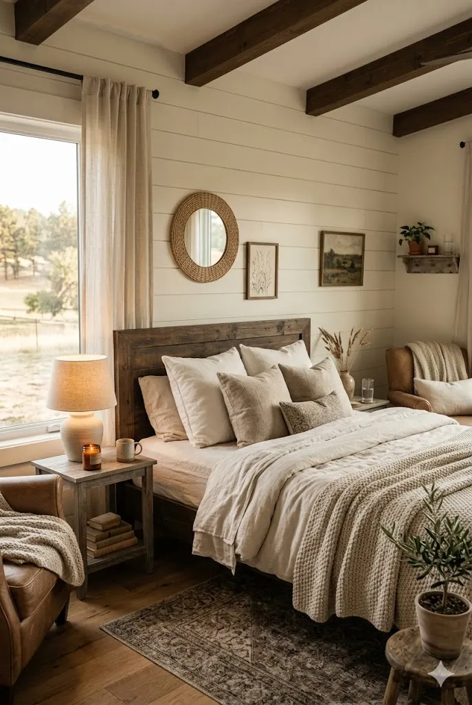 Cozy ranch style bedroom with neutral decor and soft bedding