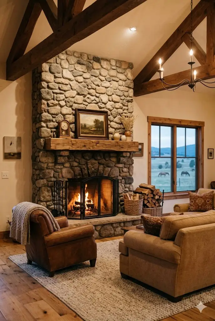 Cozy ranch living room with fireplace centerpiece